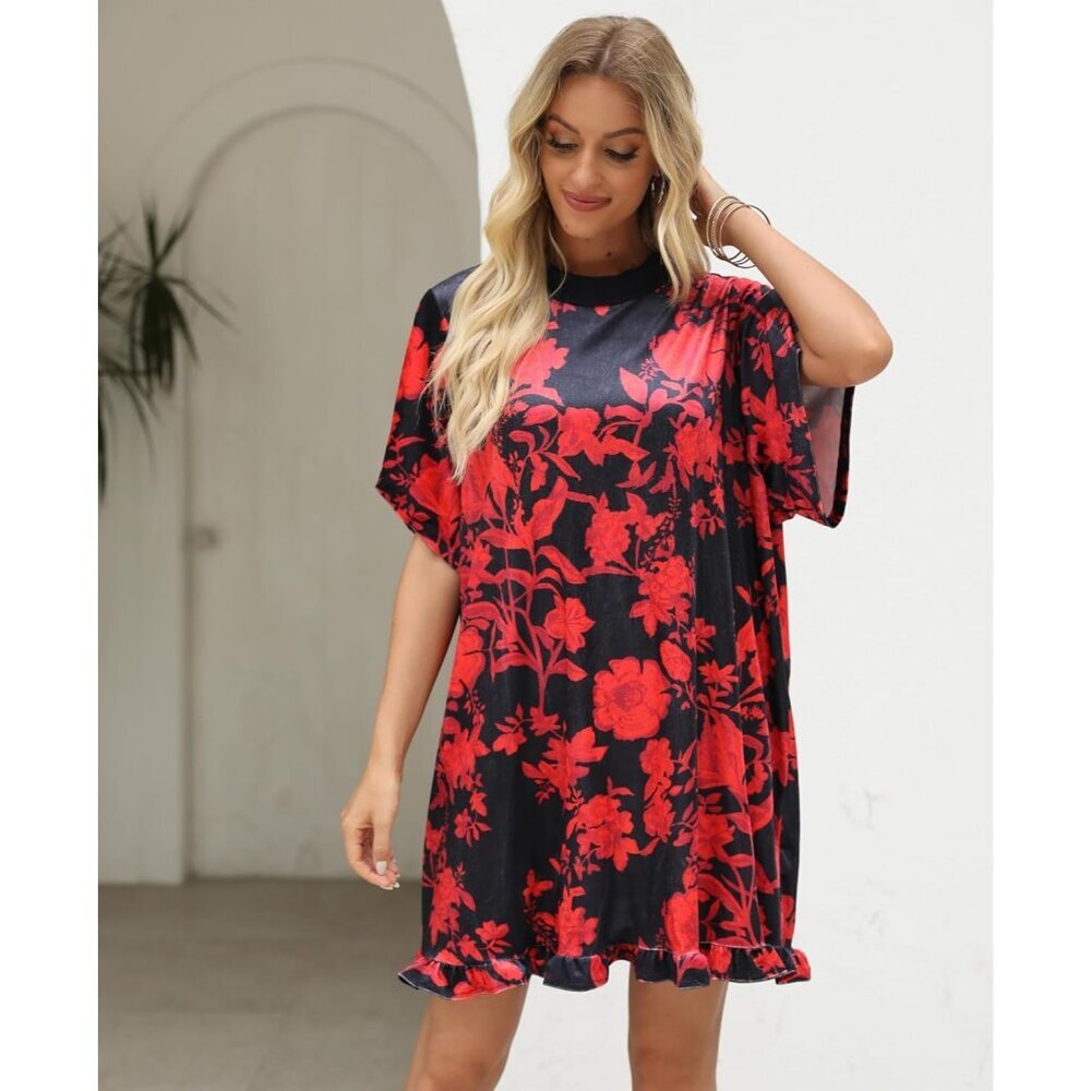 Women's Red Vintage Velvet Dress Mini Floral Printed Short Sleeve - Picture 2 of 7